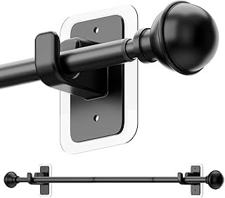 No Drill Curtain Rods for Window 28 to 47 Inches, 5/8 Inch Diameter Renter Friendly Drapery Rod with Adhesive Brackets without Drilling, Adjustable from 27 to 52 Inches, Black